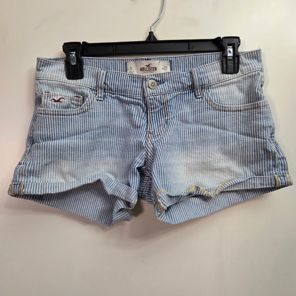 Hollister Blue White Hickory Stripe Denim Shorts Low Rise Size 5 W27 Cuffed Mini